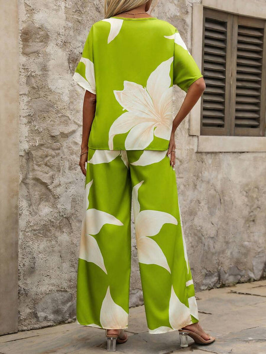 Clasi Women's Summer Casual Floral Printed Batwing Sleeve Shirt And Long Pants Set