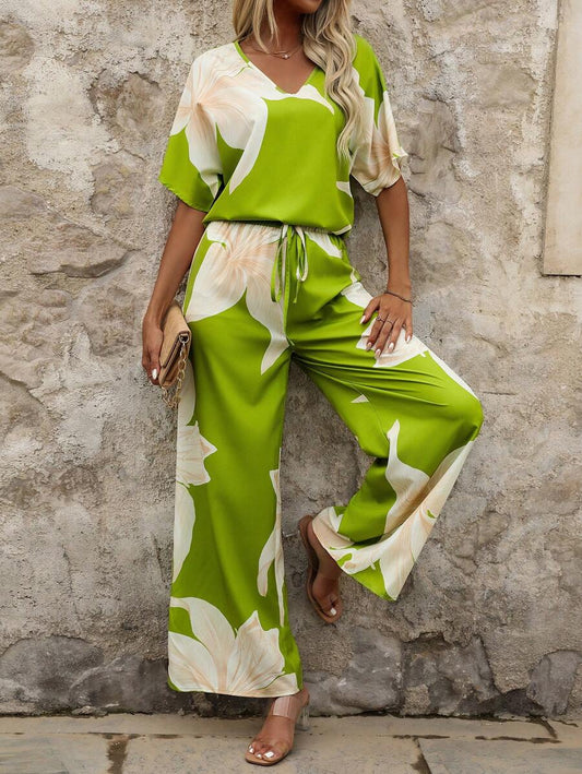 Clasi Women's Summer Casual Floral Printed Batwing Sleeve Shirt And Long Pants Set