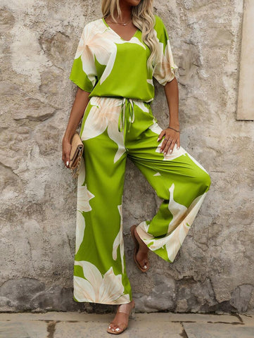 Clasi Women's Summer Casual Floral Printed Batwing Sleeve Shirt And Long Pants Set