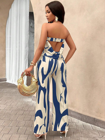 Slayr Geo Print Draped Back Tube Top & Wide Leg Pants Set