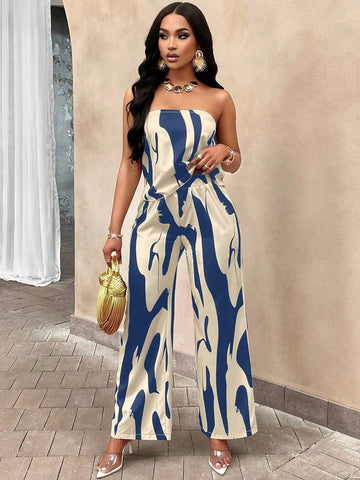 Slayr Geo Print Draped Back Tube Top & Wide Leg Pants Set