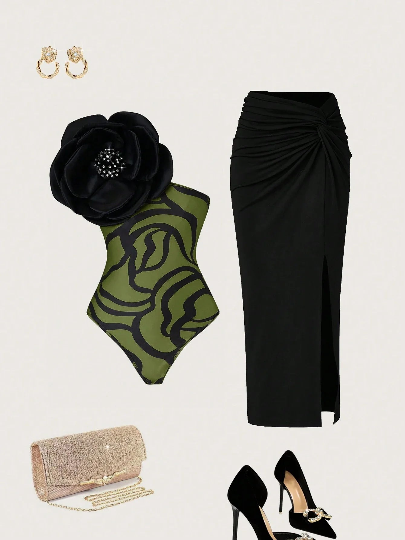 Priv� Stereo Flower Decorated Bodysuit & Twist Front Split Thigh Skirt