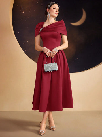 Modelyn Ladies Solid Color Asymmetrical Neckline Dress With Rhinestone Embellishment