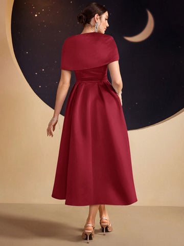 Modelyn Ladies Solid Color Asymmetrical Neckline Dress With Rhinestone Embellishment