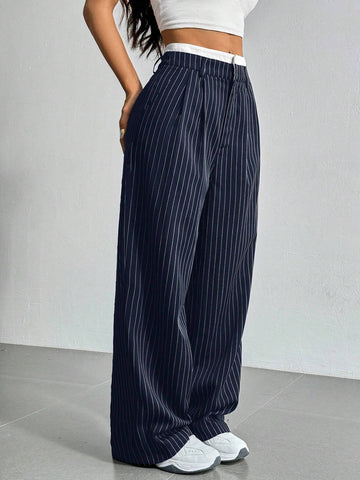 EZwear Spring Dress PantsHigh Waist Plicated Detail Wide Leg Suit Pants