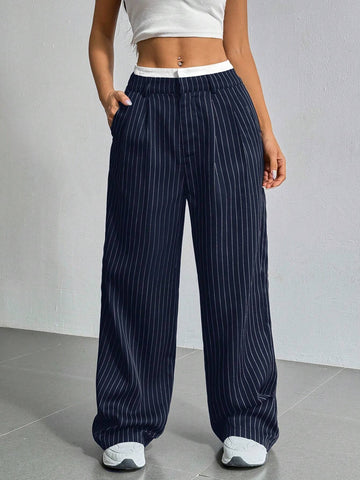 EZwear Spring Dress PantsHigh Waist Plicated Detail Wide Leg Suit Pants