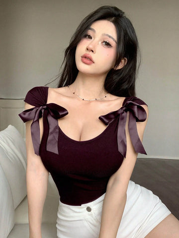 DAZY Backless Bow Tie Ribbon Slim Fit Short Sleeve Women's T-Shirt