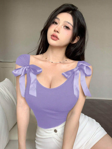 DAZY Backless Bow Tie Ribbon Slim Fit Short Sleeve Women's T-Shirt