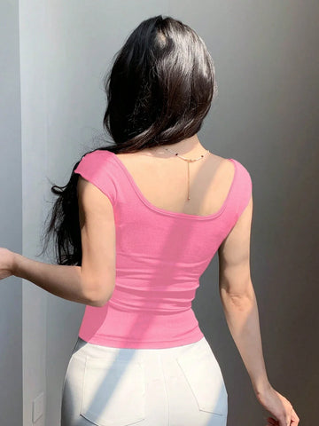 DAZY Backless Bow Tie Ribbon Slim Fit Short Sleeve Women's T-Shirt