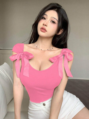 DAZY Backless Bow Tie Ribbon Slim Fit Short Sleeve Women's T-Shirt