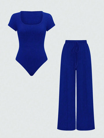 EZwear Plain Color Asymmetric Hem Top And Pants Two Piece Set