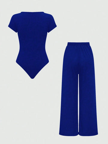 EZwear Plain Color Asymmetric Hem Top And Pants Two Piece Set
