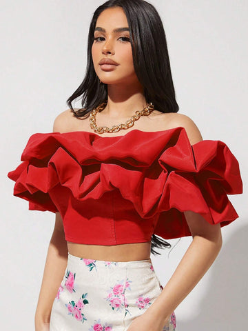 Haute Solid Color Off Shoulder Exaggerated Ruffle Hem Top