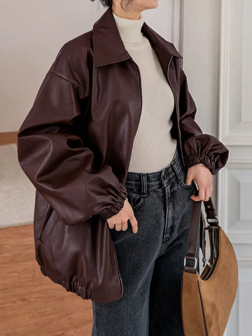 Dazy-Less Drop Shoulder Slant Pockets PU Jacket