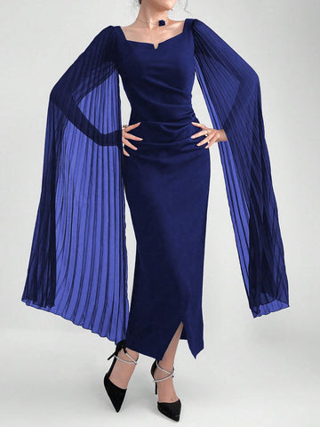 Modely Elegant Dress With A Notched Collar, Pleats, Cinched Waistline, Cape Sleeves