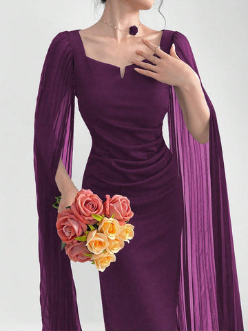 Modely Elegant Dress With A Notched Collar, Pleats, Cinched Waistline, Cape Sleeves