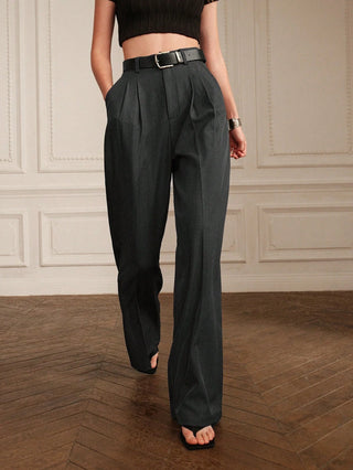 Solid Color Pleated Pocket Minimalist Flare Leg Pants