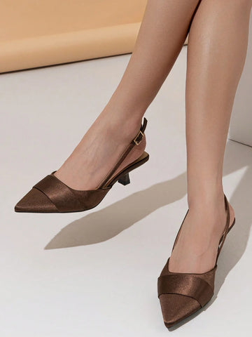 Women Slingback Single Shoes With Buckle Design, Pointed Toe, Kitten Heel, And Back Strap