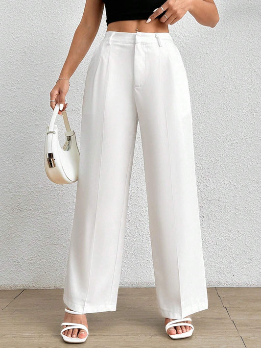 PETITE Women's Solid Color Pleated LooseWhite Pants