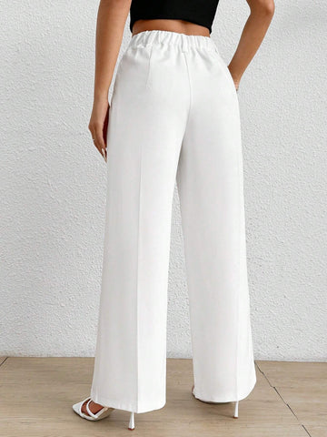 PETITE Women's Solid Color Pleated LooseWhite Pants