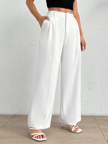 PETITE Women's Solid Color Pleated LooseWhite Pants