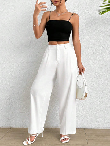 PETITE Women's Solid Color Pleated LooseWhite Pants