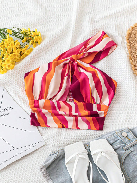 WYWH Women's Striped One Shoulder Hollow Out Crop Top