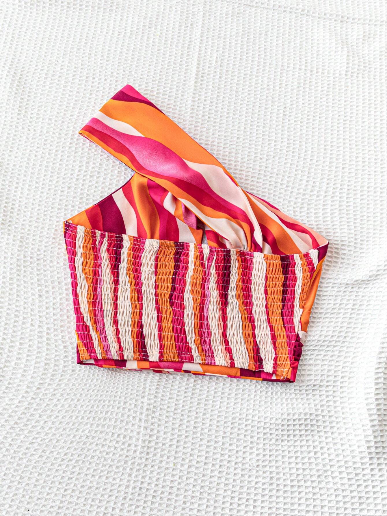 WYWH Women's Striped One Shoulder Hollow Out Crop Top