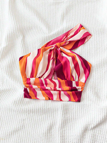 WYWH Women's Striped One Shoulder Hollow Out Crop Top