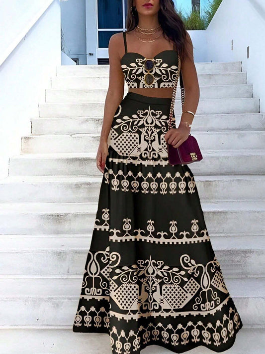 VCAY Vintage Printed Spaghetti Strap Dress Two Pieces Set For Summer Vacation