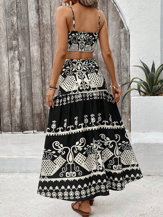 VCAY Vintage Printed Spaghetti Strap Dress Two Pieces Set For Summer Vacation