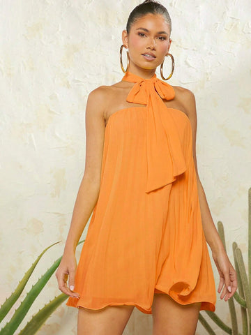 Haute Neck Tie Pleated Dress