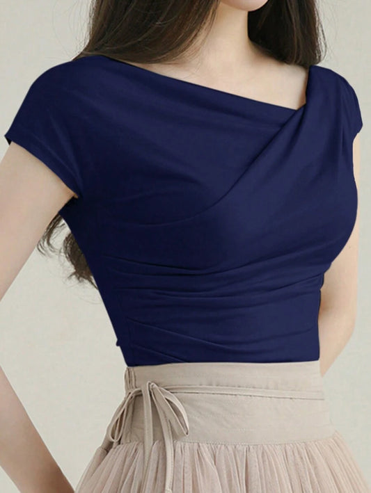 DAZY Solid Color Asymmetrical Collar Slim Short Sleeve T-Shirt