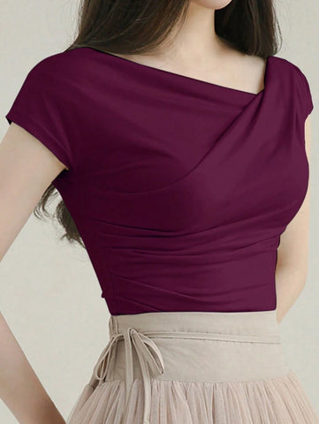 DAZY Solid Color Asymmetrical Collar Slim Short Sleeve T-Shirt