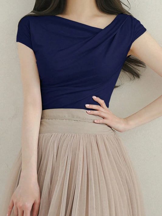 DAZY Solid Color Asymmetrical Collar Slim Short Sleeve T-Shirt