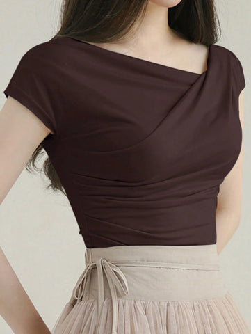 DAZY Solid Color Asymmetrical Collar Slim Short Sleeve T-Shirt