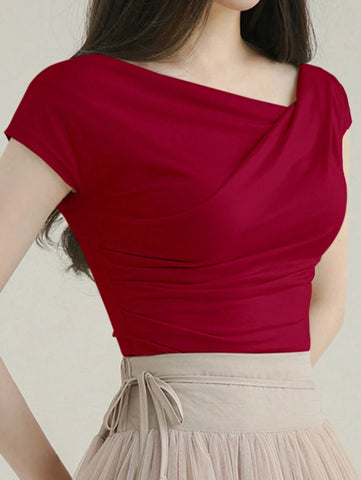 DAZY Solid Color Asymmetrical Collar Slim Short Sleeve T-Shirt