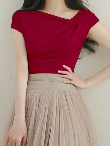DAZY Solid Color Asymmetrical Collar Slim Short Sleeve T-Shirt