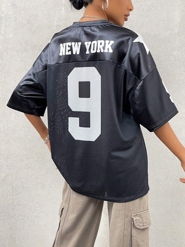 EZwear Oversized Boyfriend Style Print Letter & Star Satin Basketball Jersey Tee