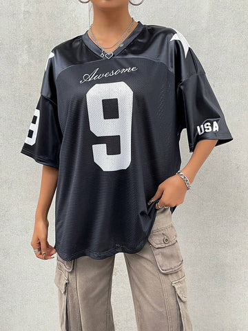 EZwear Oversized Boyfriend Style Print Letter & Star Satin Basketball Jersey Tee