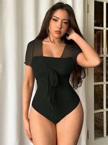 Fashion Bow Tie Front Mesh Splice Square Neck Bodycon Short Sleeve Bodysuit