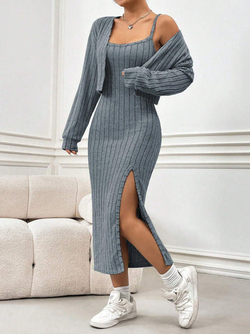 MOOSTA Fleece Casual Simple Spaghetti Strap Dress And Coat