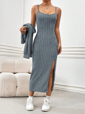 MOOSTA Fleece Casual Simple Spaghetti Strap Dress And Coat