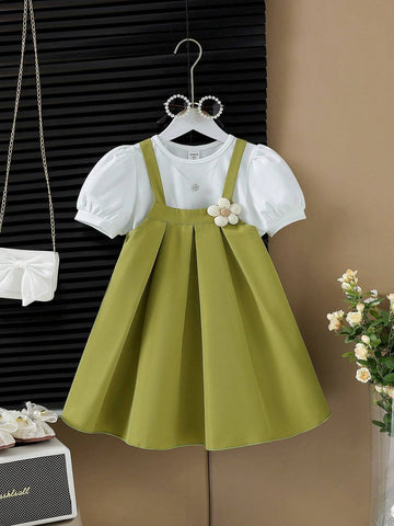 Young Girl Puff Sleeve Shirt With Flower Decoration Suspender A-Line Skirt Set