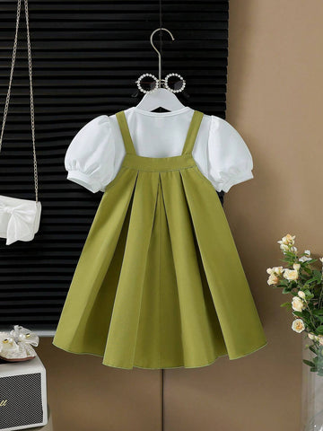 Young Girl Puff Sleeve Shirt With Flower Decoration Suspender A-Line Skirt Set