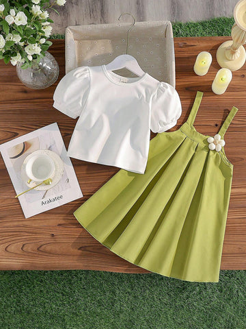 Young Girl Puff Sleeve Shirt With Flower Decoration Suspender A-Line Skirt Set