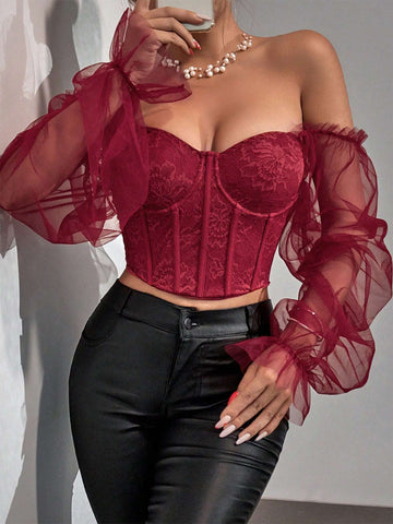 Allurite Women Fashionable Mesh & Lace Splice Off Shoulder Structured Top