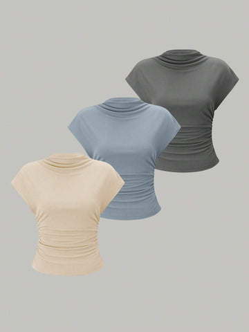 Essnce 3pcs Stand Collar & Pleated Design T-Shirt