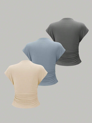 Essnce 3pcs Stand Collar & Pleated Design T-Shirt