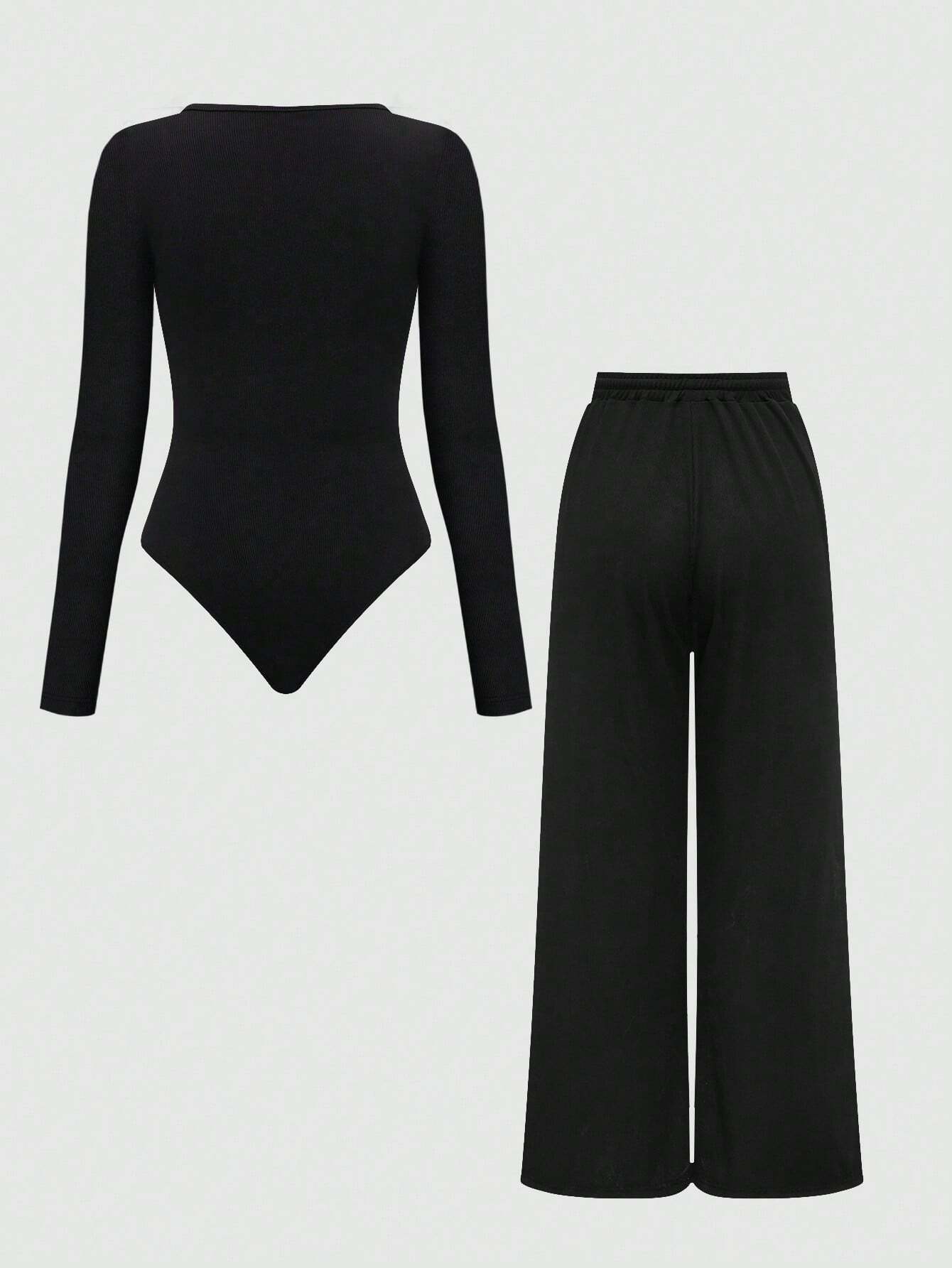 MOOSTA Summer Casual Plain Asymmetrical Hem Bodysuit And Pants Set